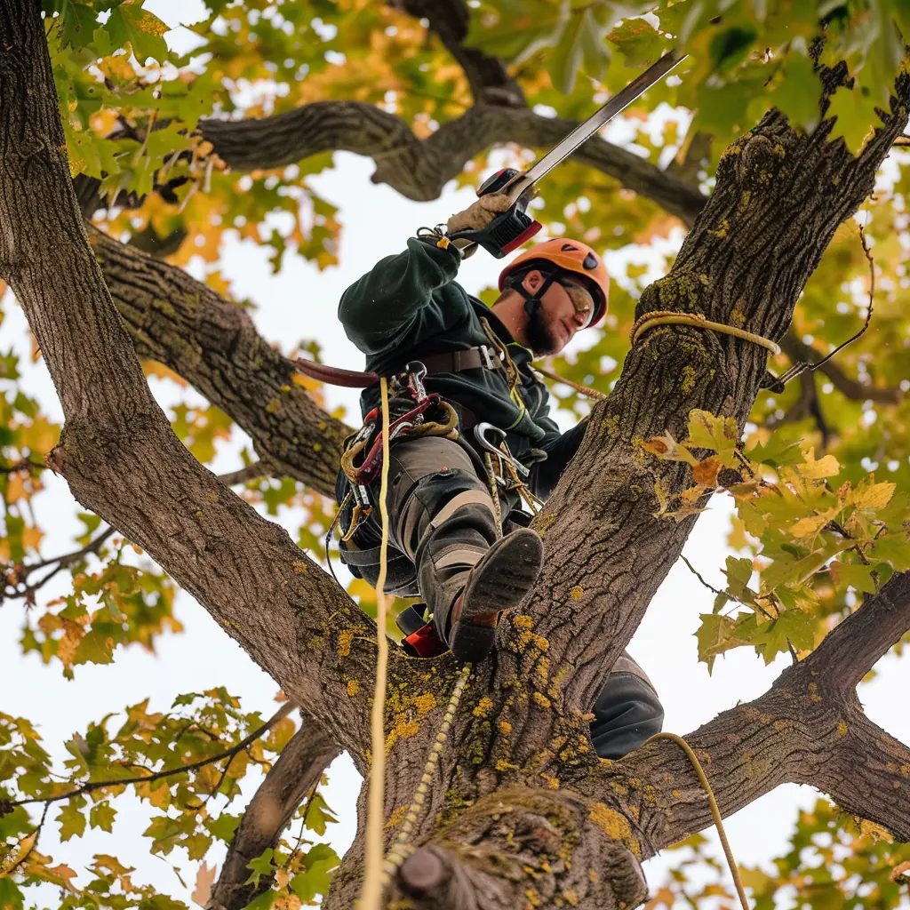 Arborist beskærer træ med klatreudstyr og håndsav under træbeskæring i Aalborg
